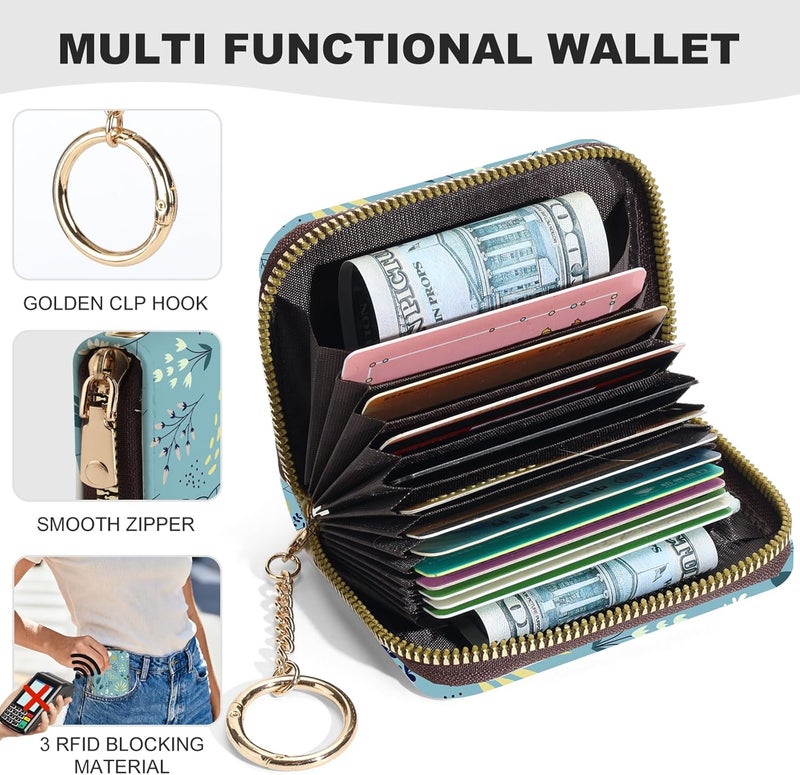 Luoycxy Credit Card Holder for Women,Small Rfid Wallet with Keychain Zipper,Cute PU Leather Card Case Wallet，Accordion Credit Card Wallets Gift,Blue Grass White Flowers - Image 2